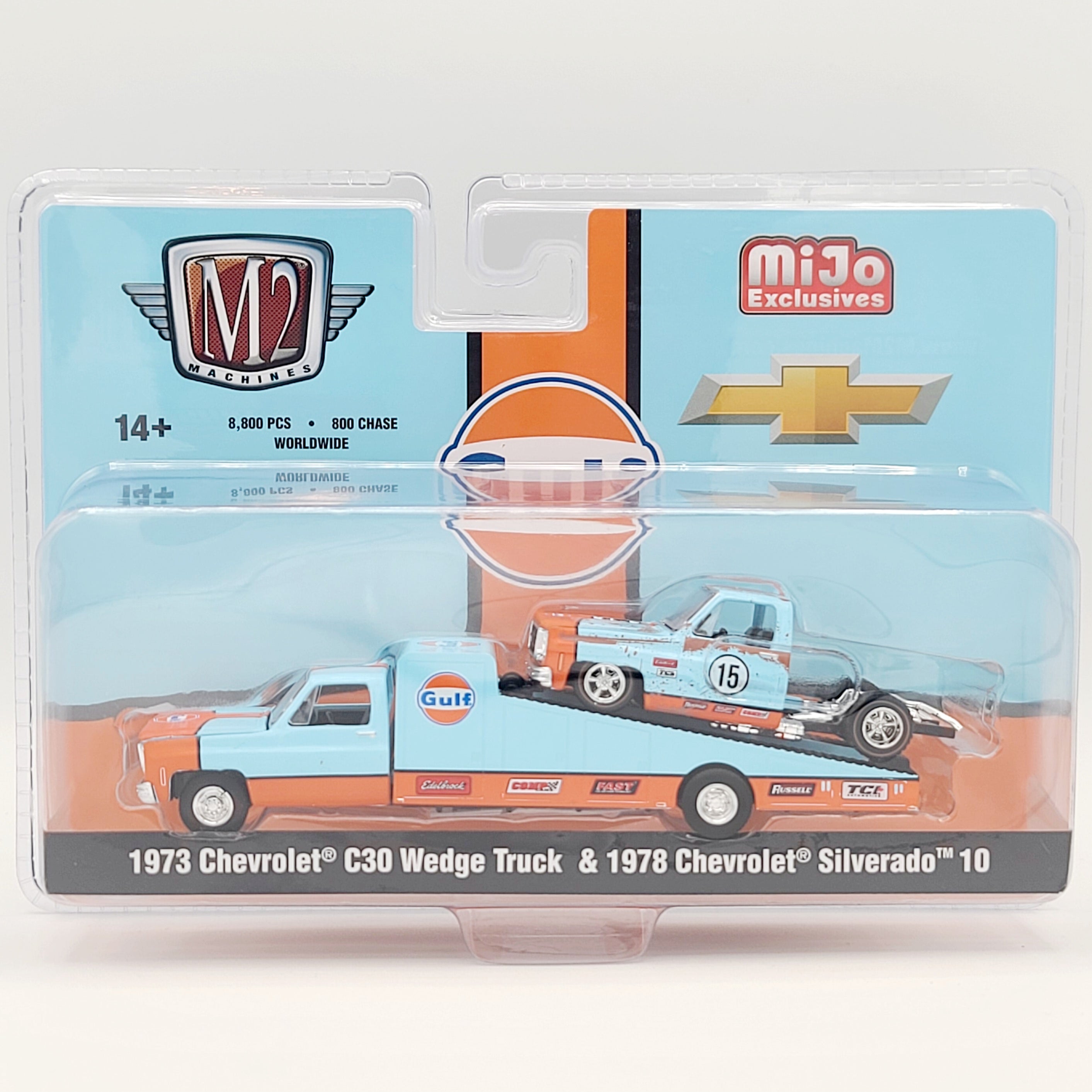 M2 Machines '73 Chevrolet C30 Wedge w/ '78 Chevrolet Silverado 10 - 1:64, Gulf Oil (2025 MiJo Exclusives - Limited Edition)